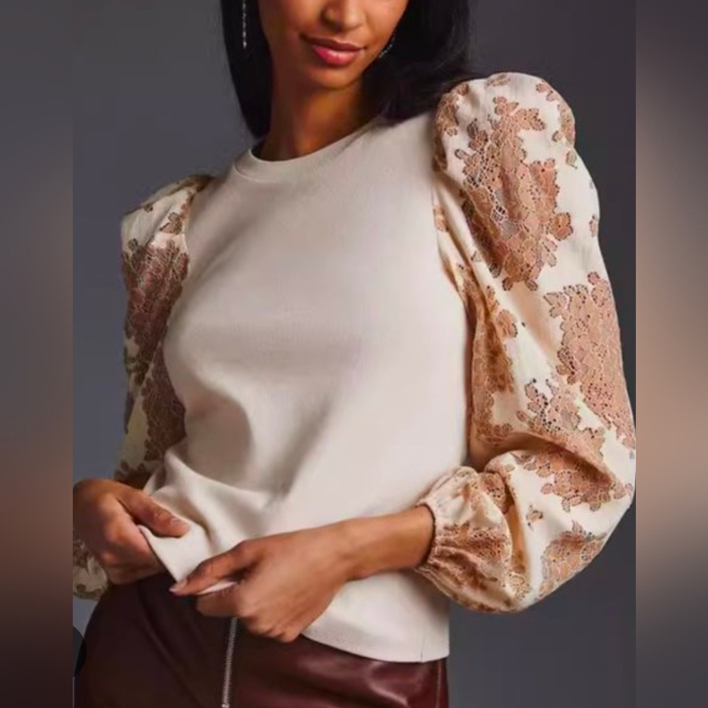 Anthropologie Cream Top with Tan Lace-Patterned Puff Sleeves